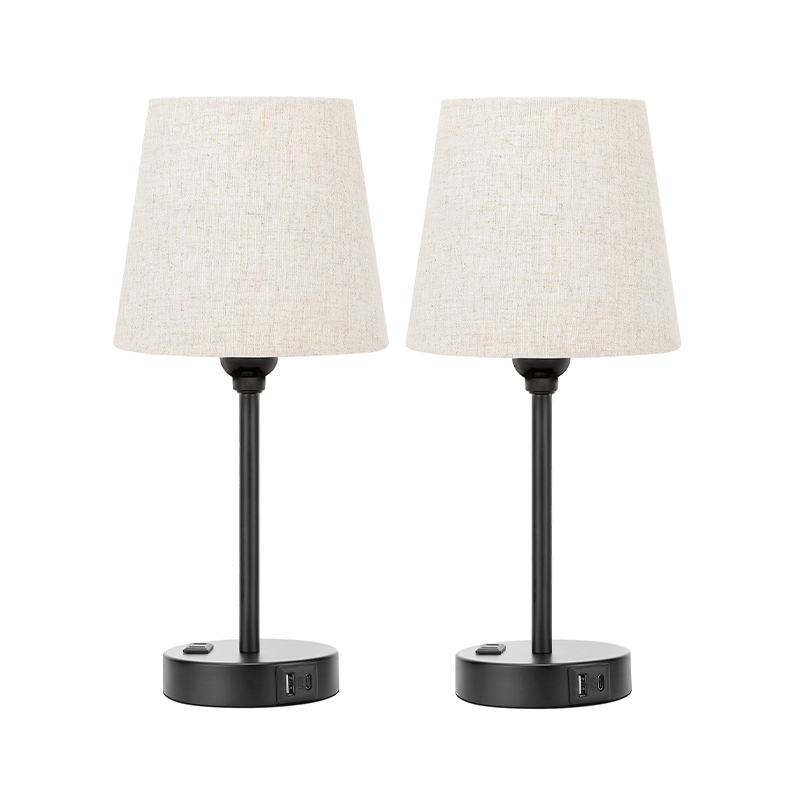 Paired Mini Bedroom Lamps, Living Room Decorative Lamps, Ephedra Integrated Lampshade, Three-Stage Touch Dimming, USB-A & USB-C & AC Outlet