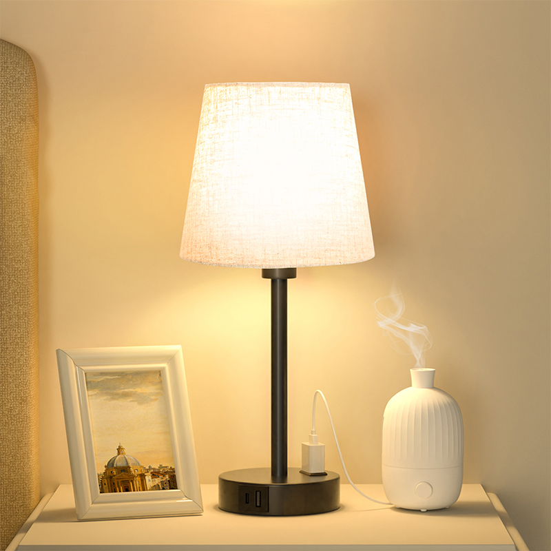 Paired Mini Bedroom Lamps, Living Room Decorative Lamps, Ephedra Integrated Lampshade, Three-Stage Touch Dimming, USB-A & USB-C & AC Outlet