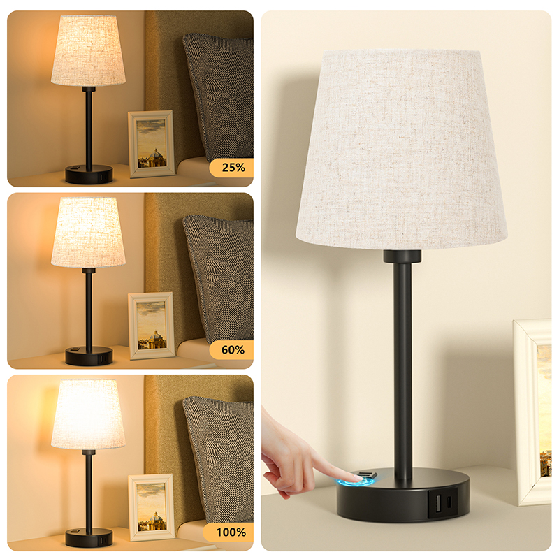 Paired Mini Bedroom Lamps, Living Room Decorative Lamps, Ephedra Integrated Lampshade, Three-Stage Touch Dimming, USB-A & USB-C & AC Outlet