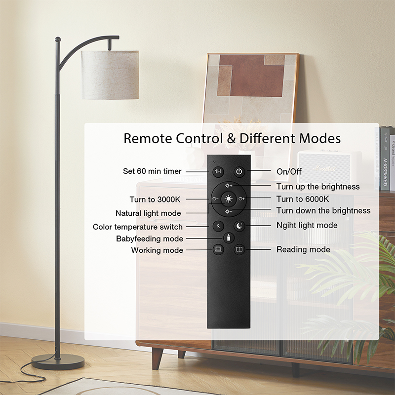 Living Room, Bedroom Metal Matte Black Seven-Character Floor Lamp, Supports Remote Control Stepless Dimming & Foot Switch Control, Comes With A Bulb