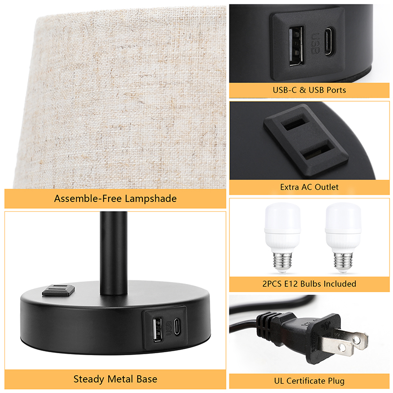 Paired Mini Bedroom Lamps, Living Room Decorative Lamps, Ephedra Integrated Lampshade, Three-Stage Touch Dimming, USB-A & USB-C & AC Outlet