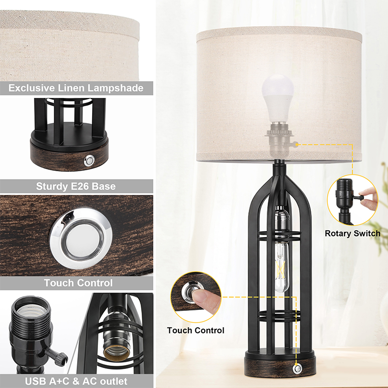 Pair Of Metal Wrought Iron Bedroom Lamps, Living Room Decorative Lamps, Ephedra KD Lampshades, Knob Touch Dual Light Sources, USB-A & USB-C & AC Outlets