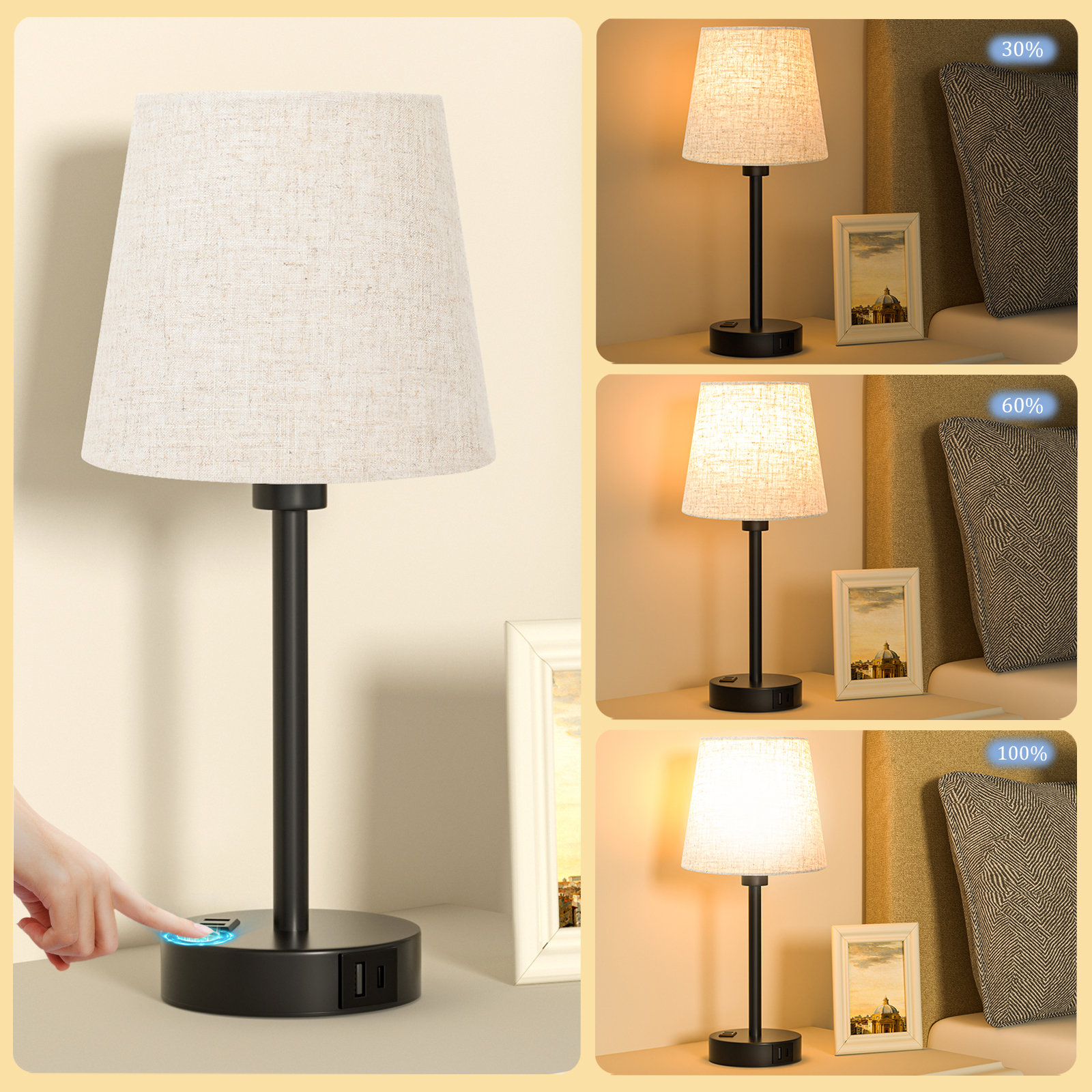 Set of 2 Mini Lamps with Touch Control, USB-A&C, AC Outlet, for Bedroom Nightstand and Living Room