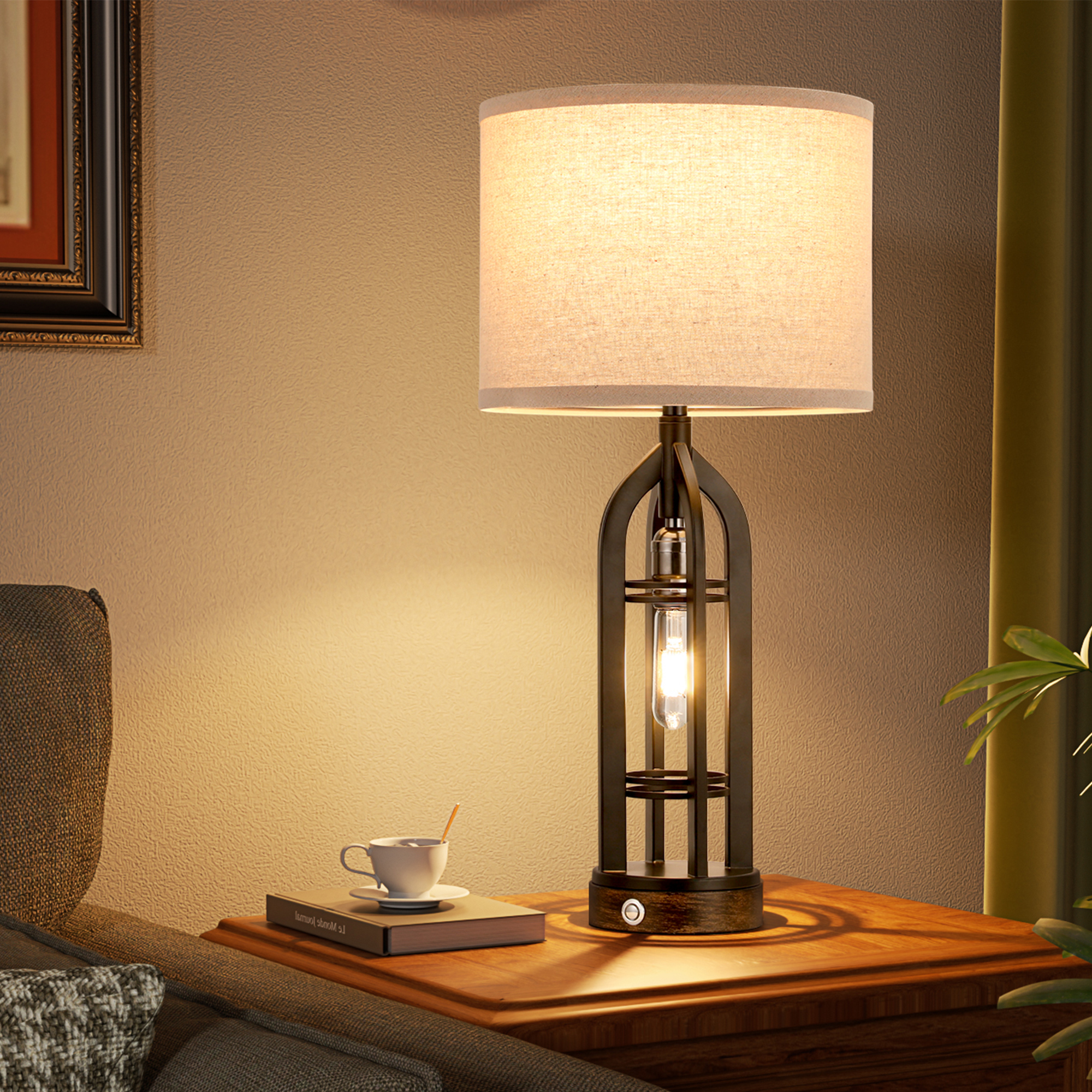 Set of 2 Metal Wrought Iron Bedroom Lamps, Living Room Decorative Lamps, Premium Linen Lampshades, 3-Way Dimmable Touch Control, with USB-A & USB-C & AC outlet