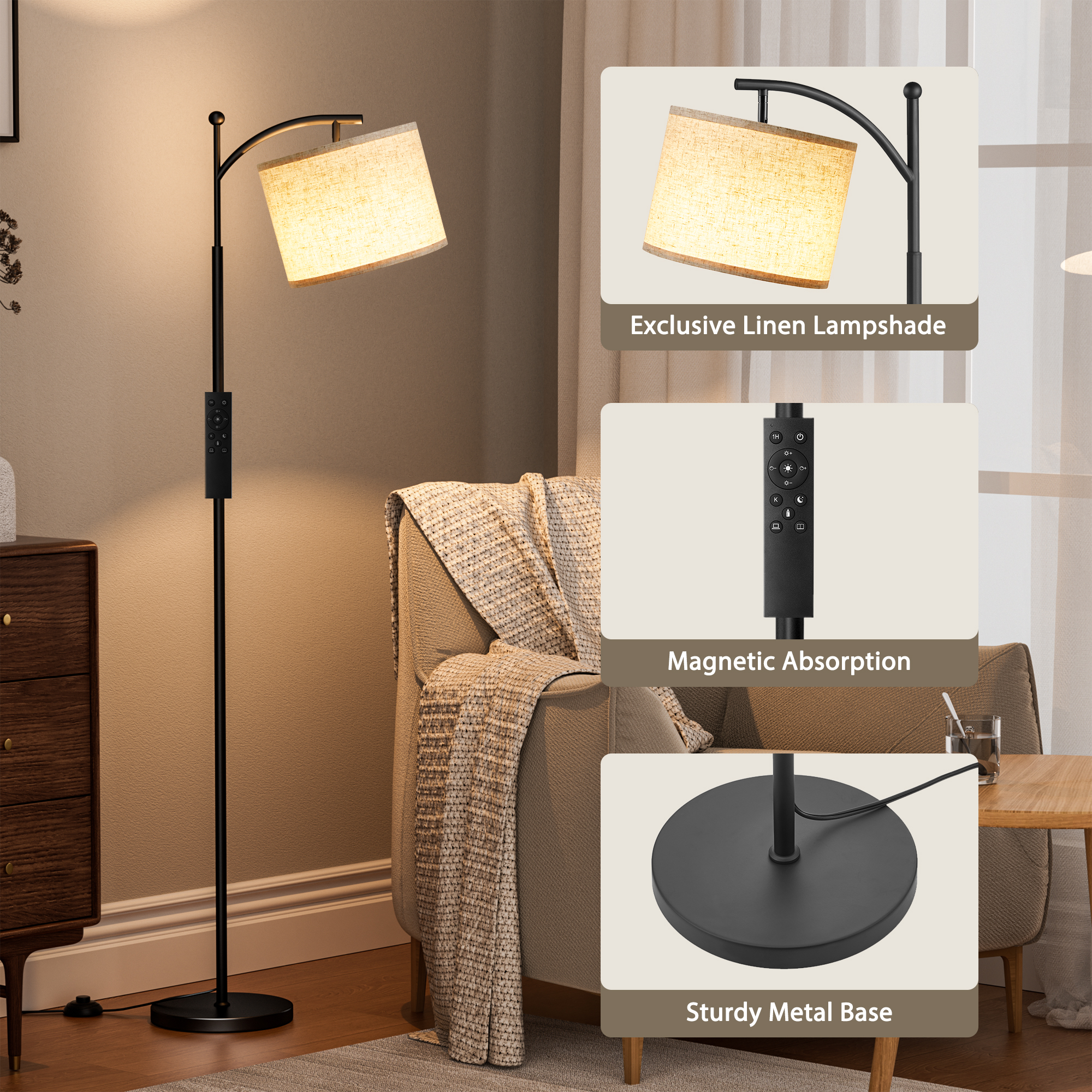 Matte Black Arc Floor Lamp for Living Room and Bedroom, with Remote Control and Stepless Dimming Bulb, Colors Tempurature & Brightness Adjustable