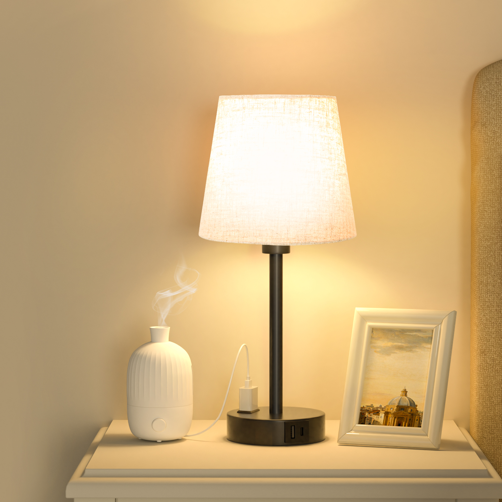 Set of 2 Mini Lamps with Touch Control, USB-A&C, AC Outlet, for Bedroom Nightstand and Living Room