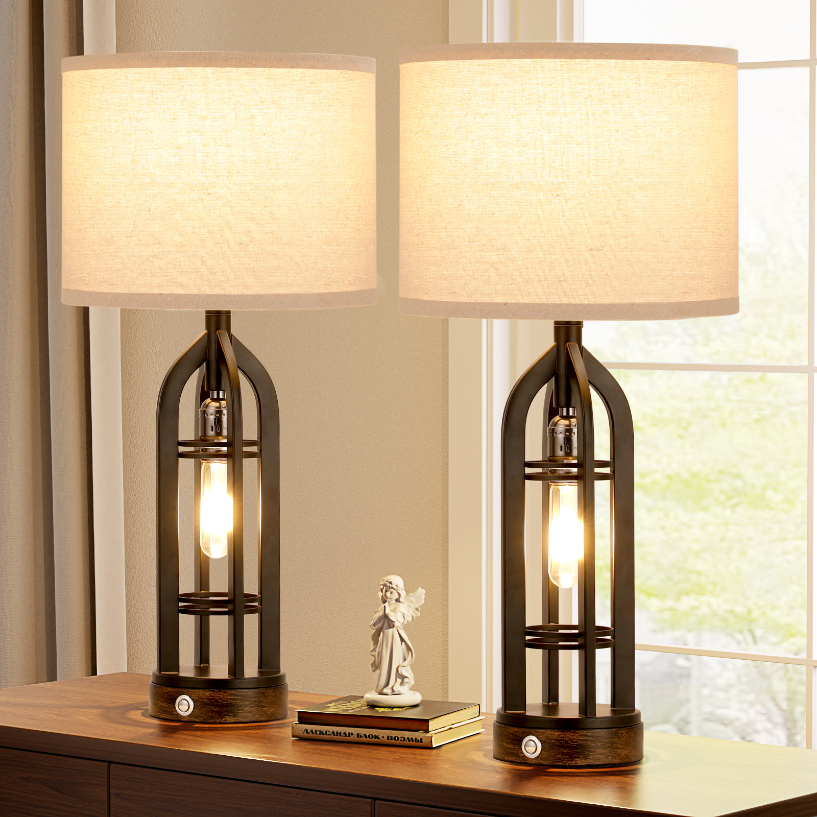 Set of 2 Metal Wrought Iron Bedroom Lamps, Living Room Decorative Lamps, Premium Linen Lampshades, 3-Way Dimmable Touch Control, with USB-A & USB-C & AC outlet