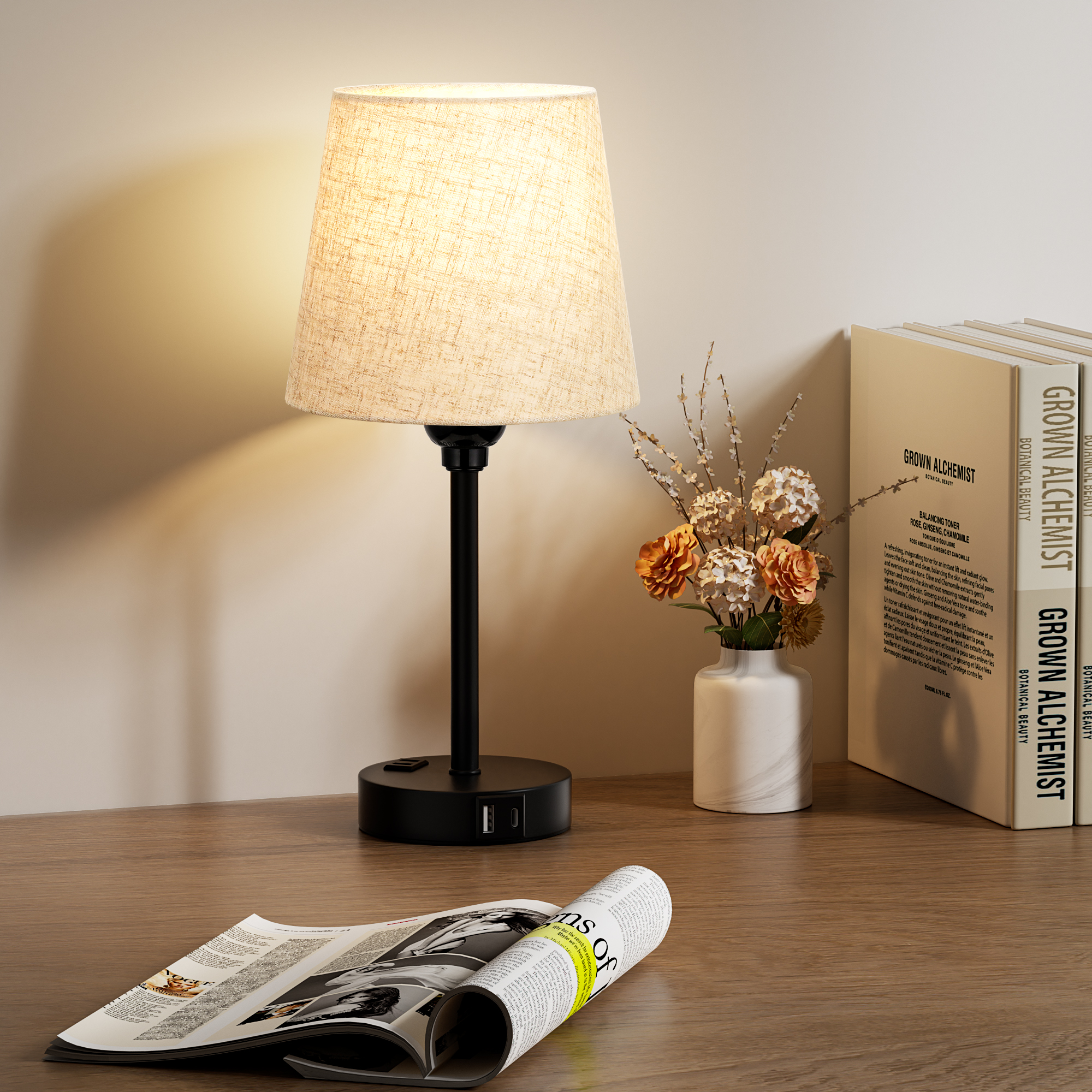 Set of 2 Mini Lamps with Touch Control, USB-A&C, AC Outlet, for Bedroom Nightstand and Living Room