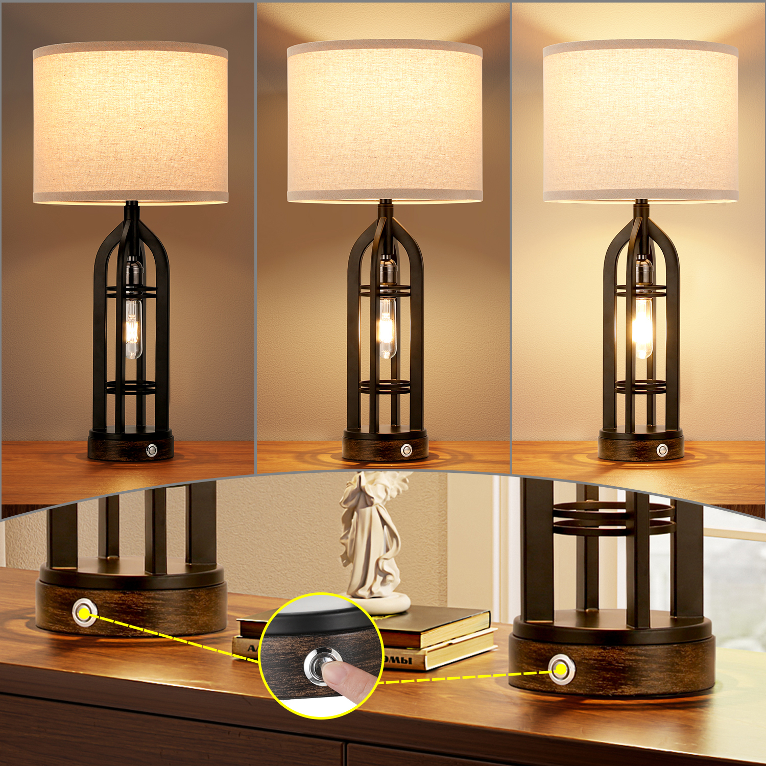 Set of 2 Metal Wrought Iron Bedroom Lamps, Living Room Decorative Lamps, Premium Linen Lampshades, 3-Way Dimmable Touch Control, with USB-A & USB-C & AC outlet