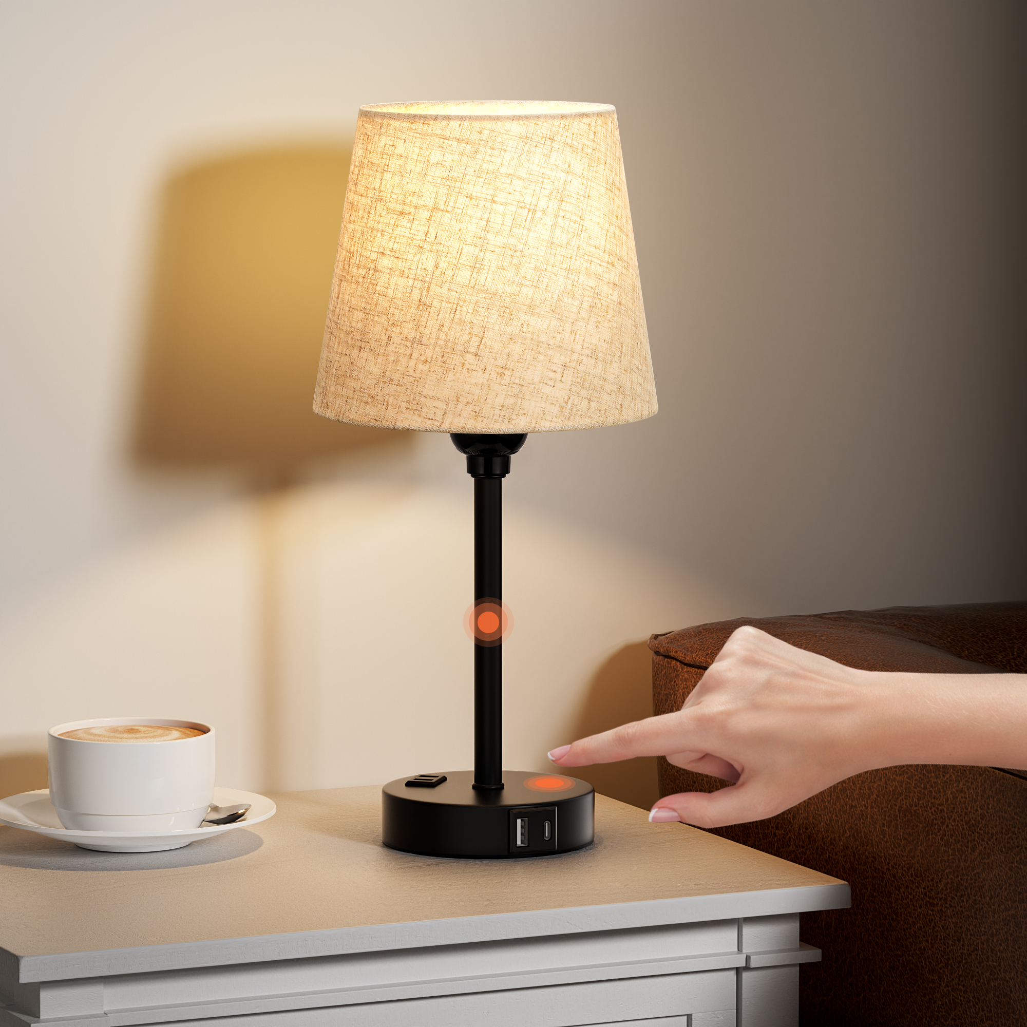 Set of 2 Mini Lamps with Touch Control, USB-A&C, AC Outlet, for Bedroom Nightstand and Living Room