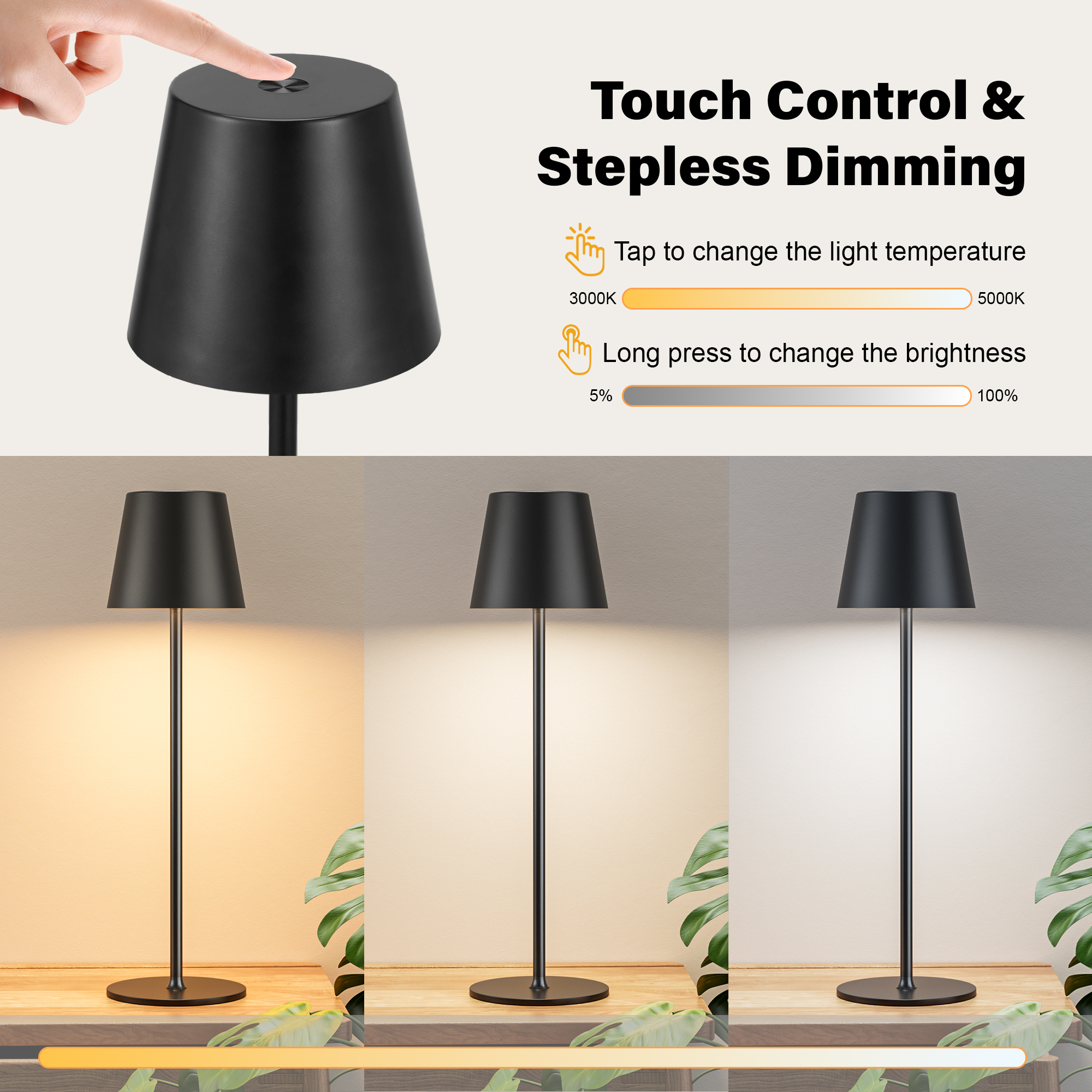 Set of 2 Cordless Rechargable Black LED Lamps with Touch Control and Waterproof, for Living Room, Dining Room, Bedroom and Outdoor