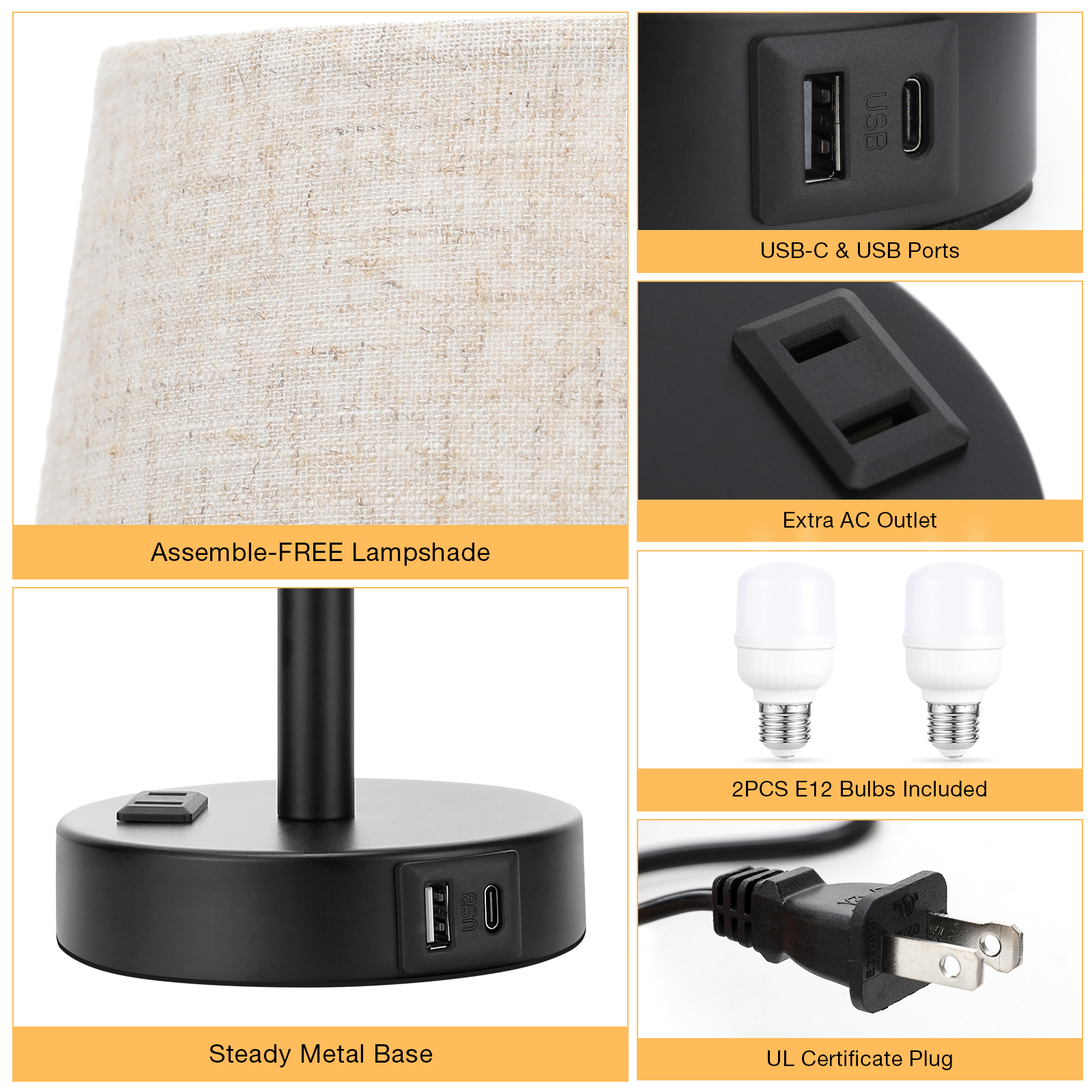 Set of 2 Mini Lamps with Touch Control, USB-A&C, AC Outlet, for Bedroom Nightstand and Living Room