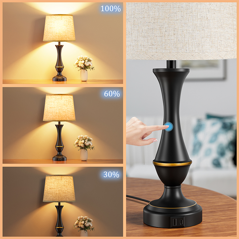 22'' Black Metal Table Lamp Set with 3-Way Touch control and USB A&C (Set of 2)