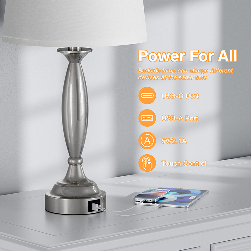 23'' Modern Sliver Metal Table Lamp Set with Touch Control and USB A&C (Set of 2)