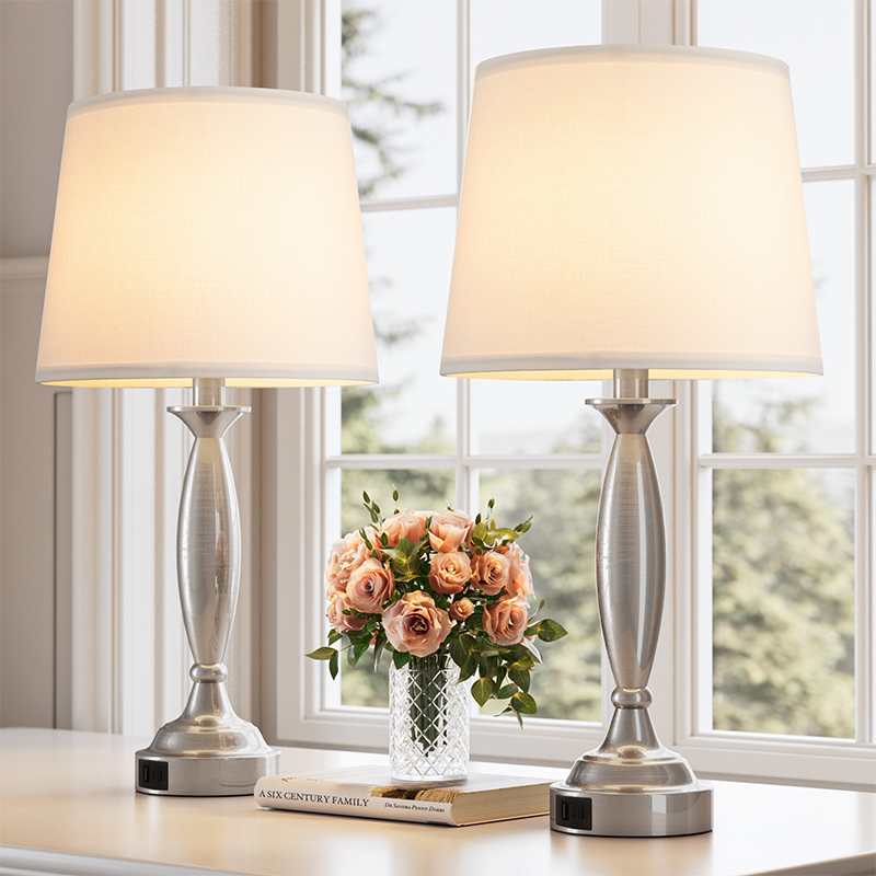 23'' Modern Sliver Metal Table Lamp Set with Touch Control and USB A&C (Set of 2)