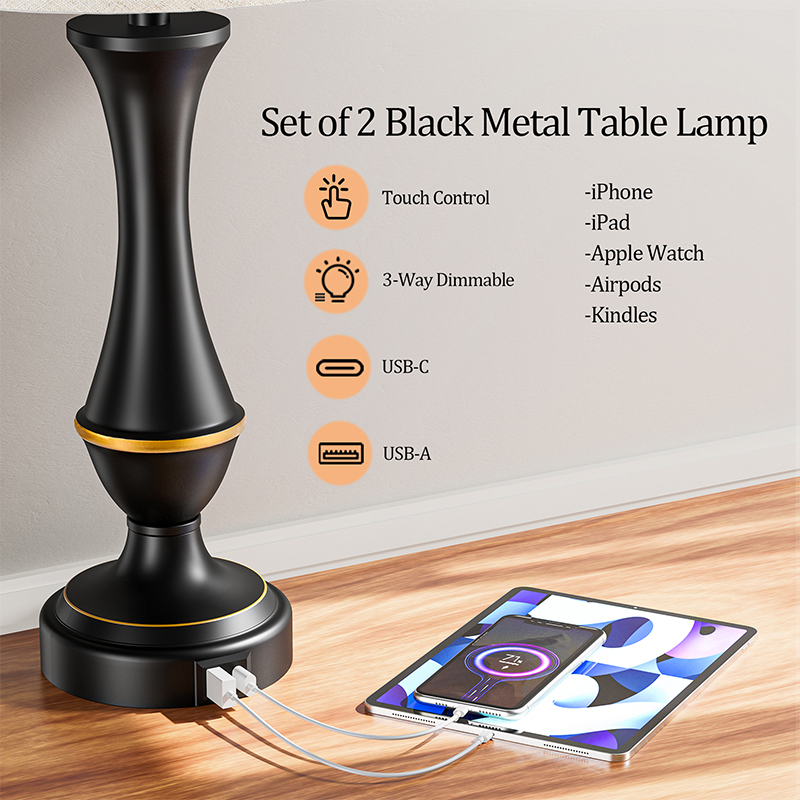 22'' Black Metal Table Lamp Set with 3-Way Touch control and USB A&C (Set of 2)