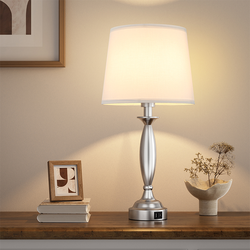 23'' Modern Sliver Metal Table Lamp Set with Touch Control and USB A&C (Set of 2)