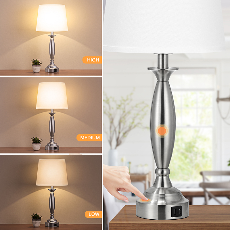 23'' Modern Sliver Metal Table Lamp Set with Touch Control and USB A&C (Set of 2)