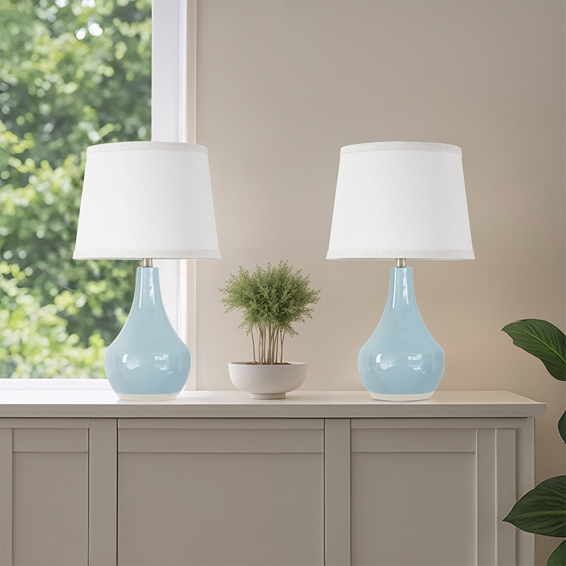 19.5'' Light Blue Ceramic Bedside Table Lamp with Socket Switch (Set of 2)