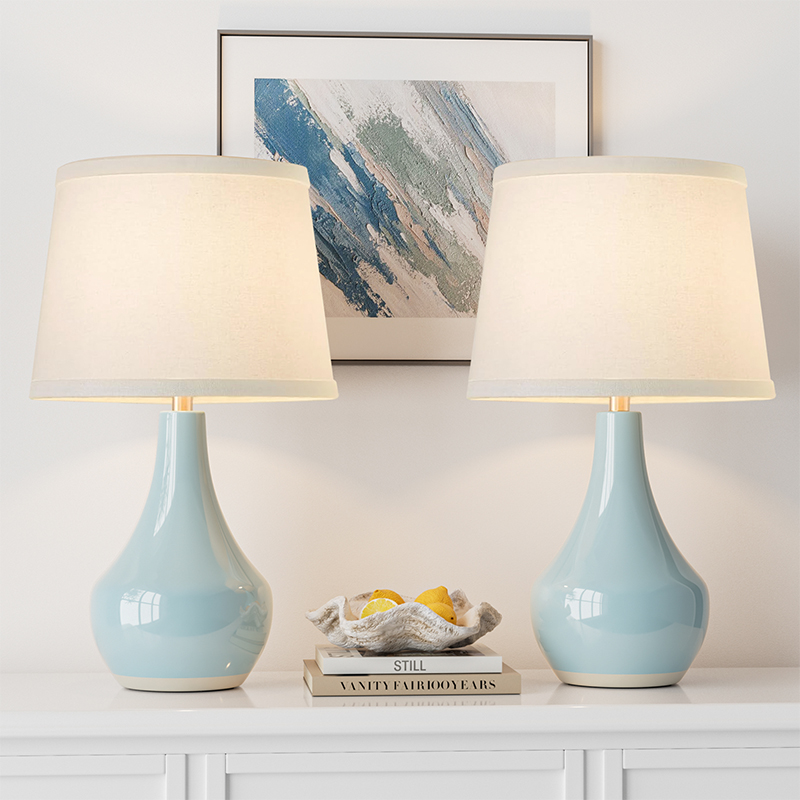 19.5'' Light Blue Ceramic Bedside Table Lamp with Socket Switch (Set of 2)